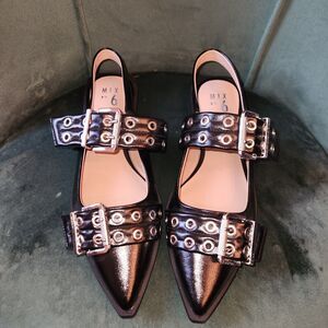 Mix No. 6 Black Sybel Patent Slingback Silver Buckle Pointy Flat Size 10